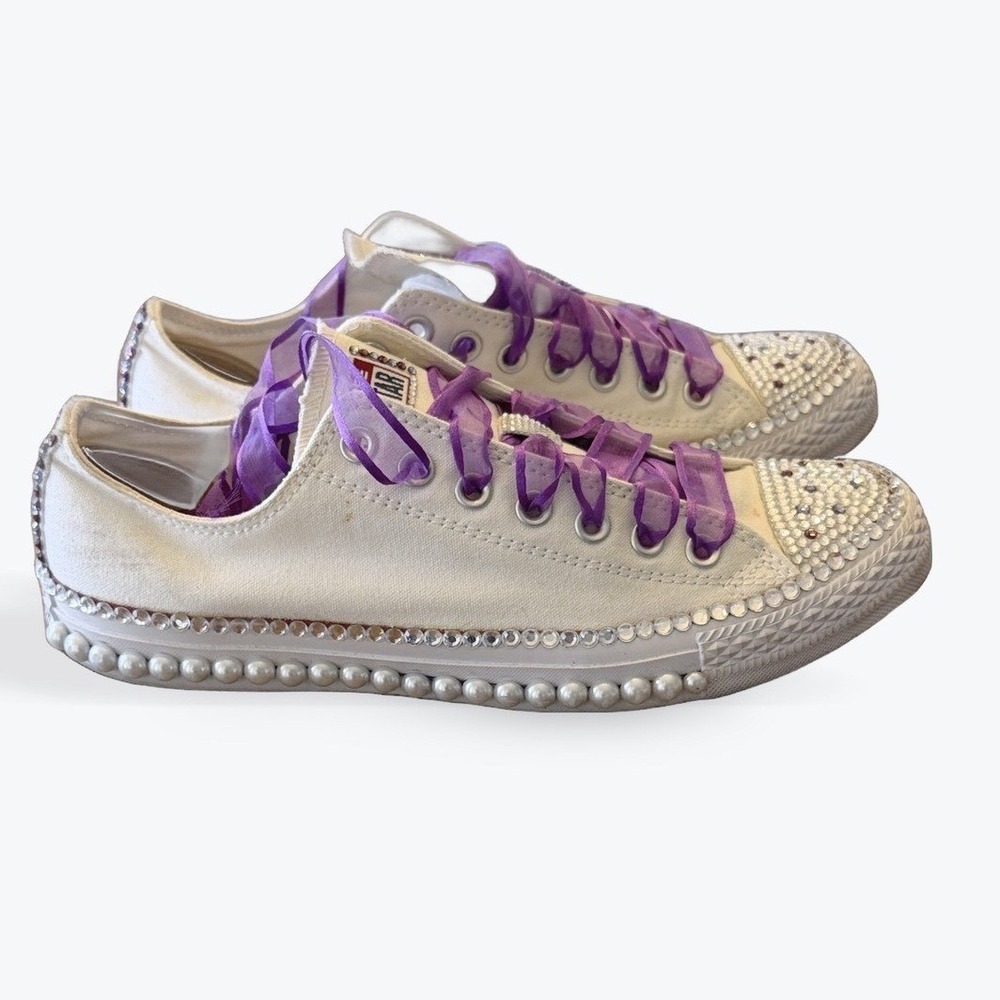 Custom White Converse Chuck Taylor All Star Low Top Sneakers Embellished 10.5 - Picture 3 of 14